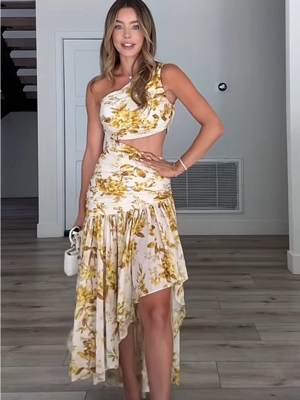 Zimmermann Cream and Yellow Floral One-Shoulder Cutout Midi Dress